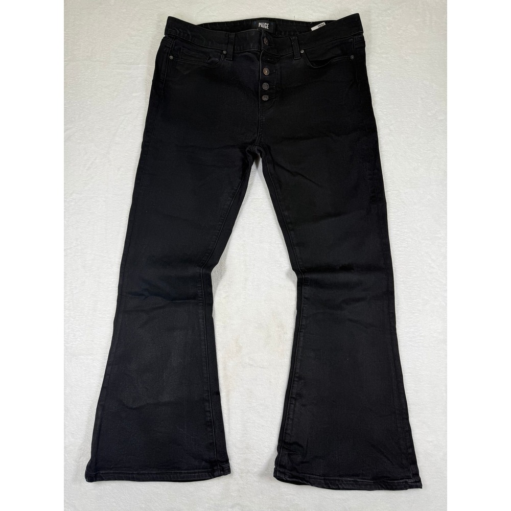 Paige Lou Lou High Rise Flare Jeans Black Exposed Button Fly‎ Size 32